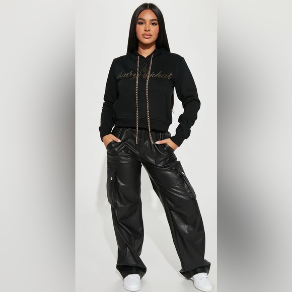BABY PHAT Black Cropped Sweatshirt Hoodie Y2K Gold Sequin Streetwear RARE XL - Picture 1 of 16